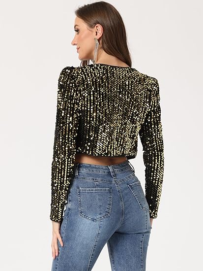 Women's Sequin Shrug Open Front Collarless Glitter Sparkly Crop Blazer Jacket(up to 3XL)