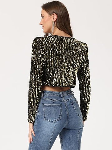 Women's Sequin Shrug Open Front Collarless Glitter Sparkly Crop Blazer Jacket(up to 3XL)