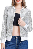 Womens Sequin Jacket with Pockets Casual Long Sleeve Front Zip Party Bomber Blazer S-2XL