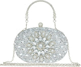 Clutch Purses for Women Evening Wedding Formal - Round Pearl Clasp Handbag - Crystal Diamond Bag