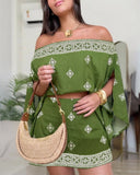 3 Pieces Outfit Boho Off Shoulder Split Sleeve Convertible Shoulder Top and Elastic Back Waist Skorts Set Casual Vintage Tribal Print Vacation Set with Bandeau(shipping time 7-15 Days)