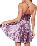 Women's Crushed Velvet Spaghetti Straps Sexy V Neck Club Party Pleated Swing Skater Dress
