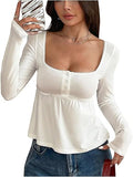 Babydoll Tops Long Sleeve Henley Shirts Cute Square Neck Coquette Peplum Top