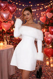 Women's Off Shoulder Long Sleeve Fur Trim A-Line Party Club Mini Dress