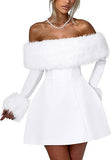 Women's Off Shoulder Long Sleeve Fur Trim A-Line Party Club Mini Dress