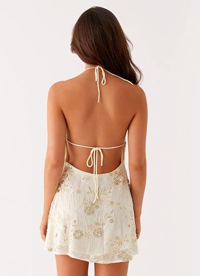 White Sequin Beaded Halter Dress for Women Sexy Sparkle Backless Mini Dress Floral Embellished Rhinestone Club Dresses