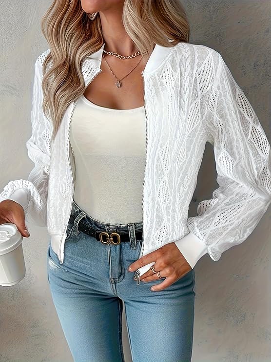 Women's Lace Jacket Lightweight Long Sleeve Zip up Jackets Casual Knit Cropped Coat Fall Outwear