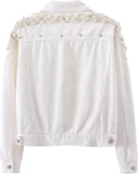 Women's Jean Jacket Embroidered Rivet Pearl Short Denim Jacket Coat