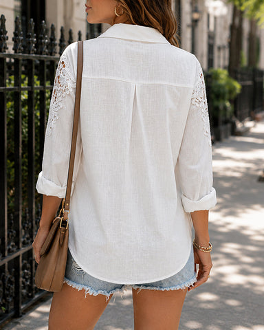 Women's Guipure Lace Patchwork Button Down Shirt Turn-down Collar Blouse Casual Loose Cotton Linen Textured Top(shipping time 15-20 days )