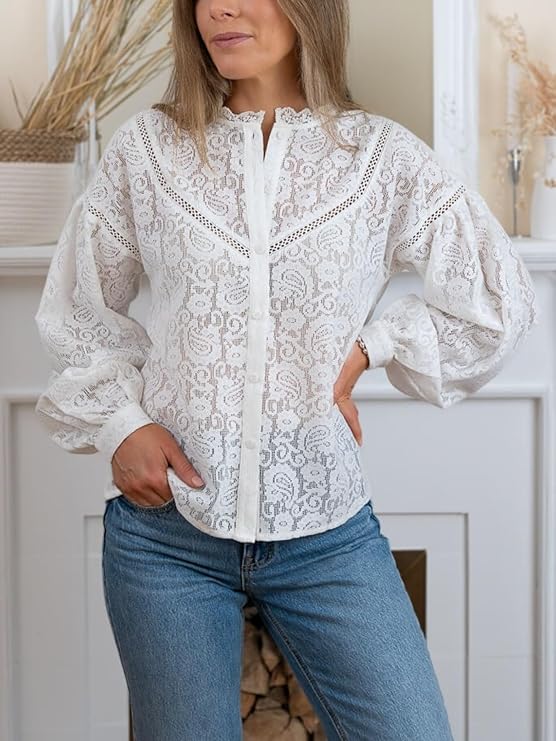 Plus Size Women's White Lace Top See Through Long Sleeve Blouse Puff Sleeve Button Down Shirt Boho Floral Casual Tunic