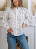 Plus Size Women's White Lace Top See Through Long Sleeve Blouse Puff Sleeve Button Down Shirt Boho Floral Casual Tunic
