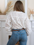 Plus Size Women's White Lace Top See Through Long Sleeve Blouse Puff Sleeve Button Down Shirt Boho Floral Casual Tunic