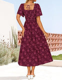 Women‘s Summer Boho Floral Midi Dress 2026 Casual Short Sleeve Square Neck Flowy Beach Vacation Long Dress