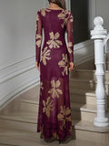 Women's Floral Mesh Maxi Dresses Long Sleeve Elegant Formal Fall Wedding Guest Dress Cocktail Slimming Dress