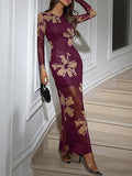 Women's Floral Mesh Maxi Dresses Long Sleeve Elegant Formal Fall Wedding Guest Dress Cocktail Slimming Dress