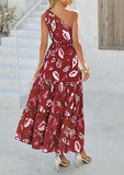 Women's Summer Floral One Shoulder Maxi Dress Knot Ruffle Boho Beach Vacation Wedding Guest Long Sun Dresses