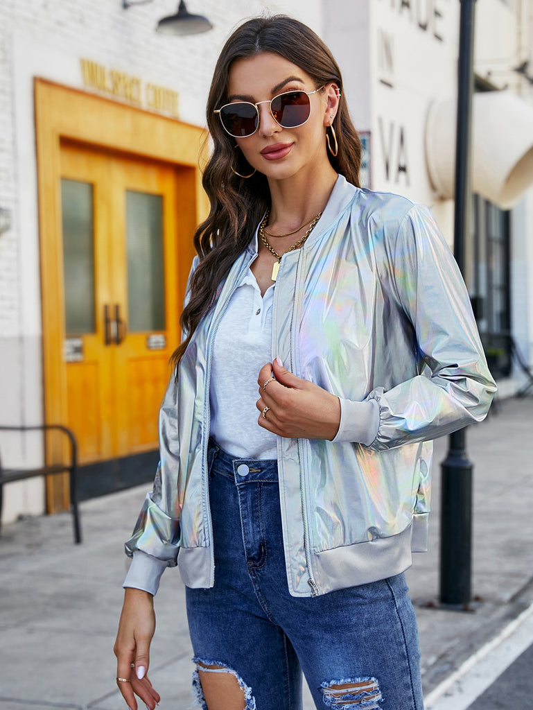Silver Holographic Zip Up Bomber Jacket
