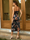 Floral Print Ruched Split Thigh Satin Cami Dress