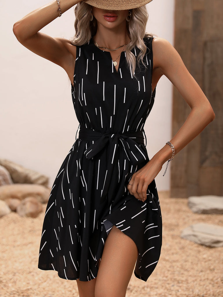 Clasi Striped Print Notched Neck Belted Dress