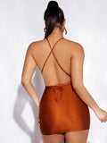 Plunging Neck Drawstring Front Backless Halter Neck Backless Bodycon Dress