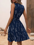 Clasi Striped Print Notched Neck Belted Dress