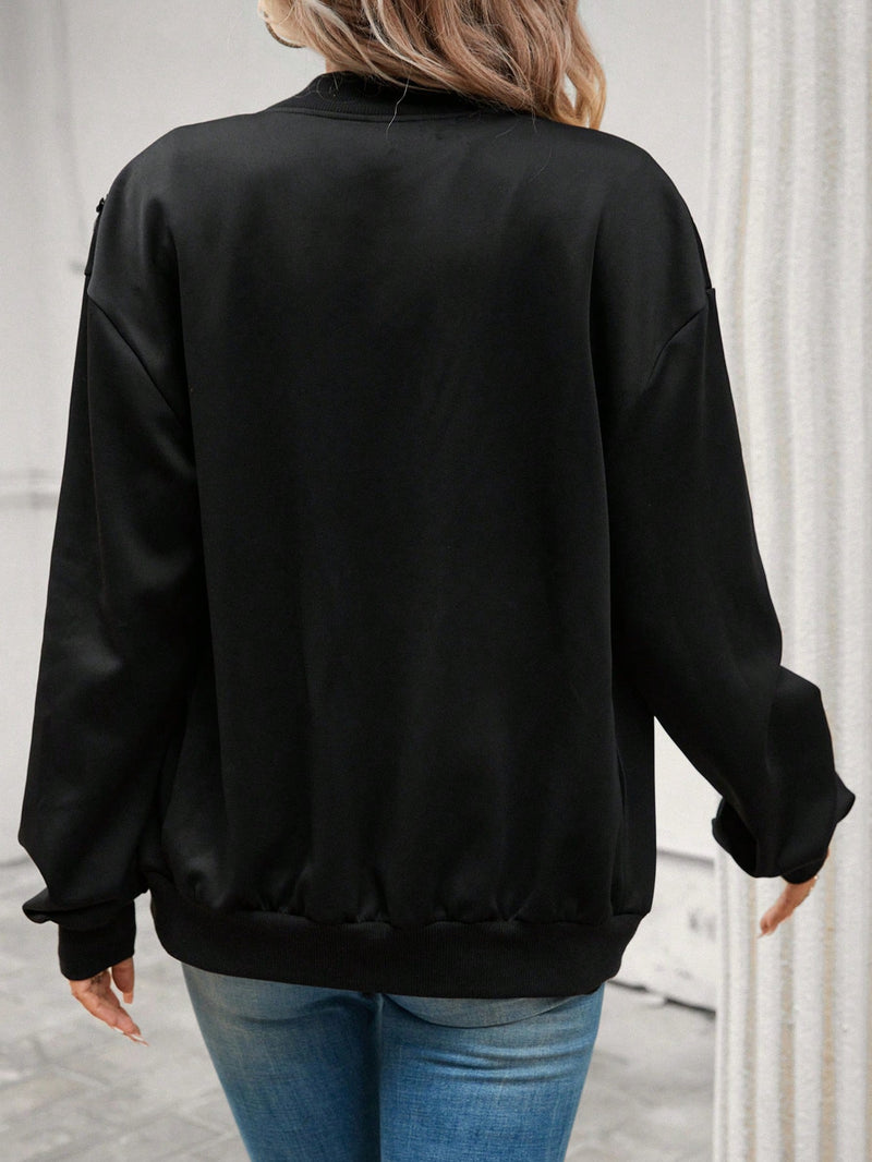 Contrast Sequin Drop Shoulder Zip Up Bomber Jacket