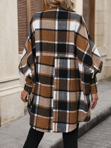 Plaid Print Batwing Sleeve Open Front Coat