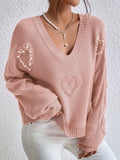 Heart Pattern Drop Shoulder Pearls Beaded Sweater