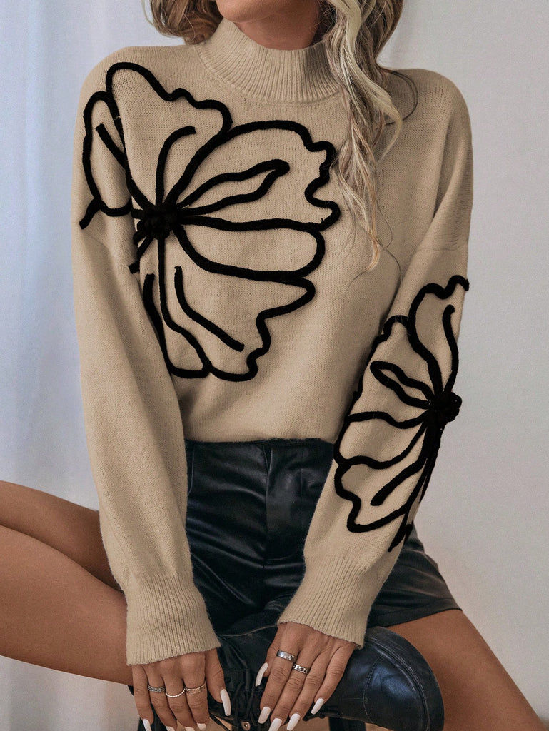 Butterfly Pattern Mock Neck Drop Shoulder Sweater