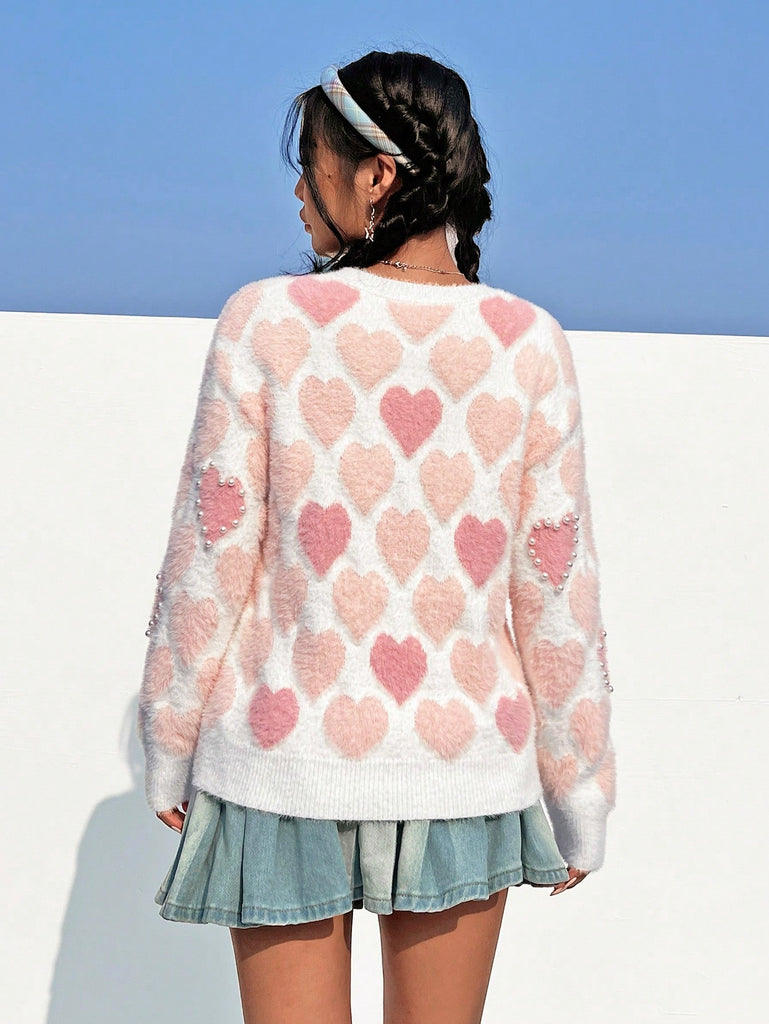 Heart Patterned Sweater With Beaded Pearls