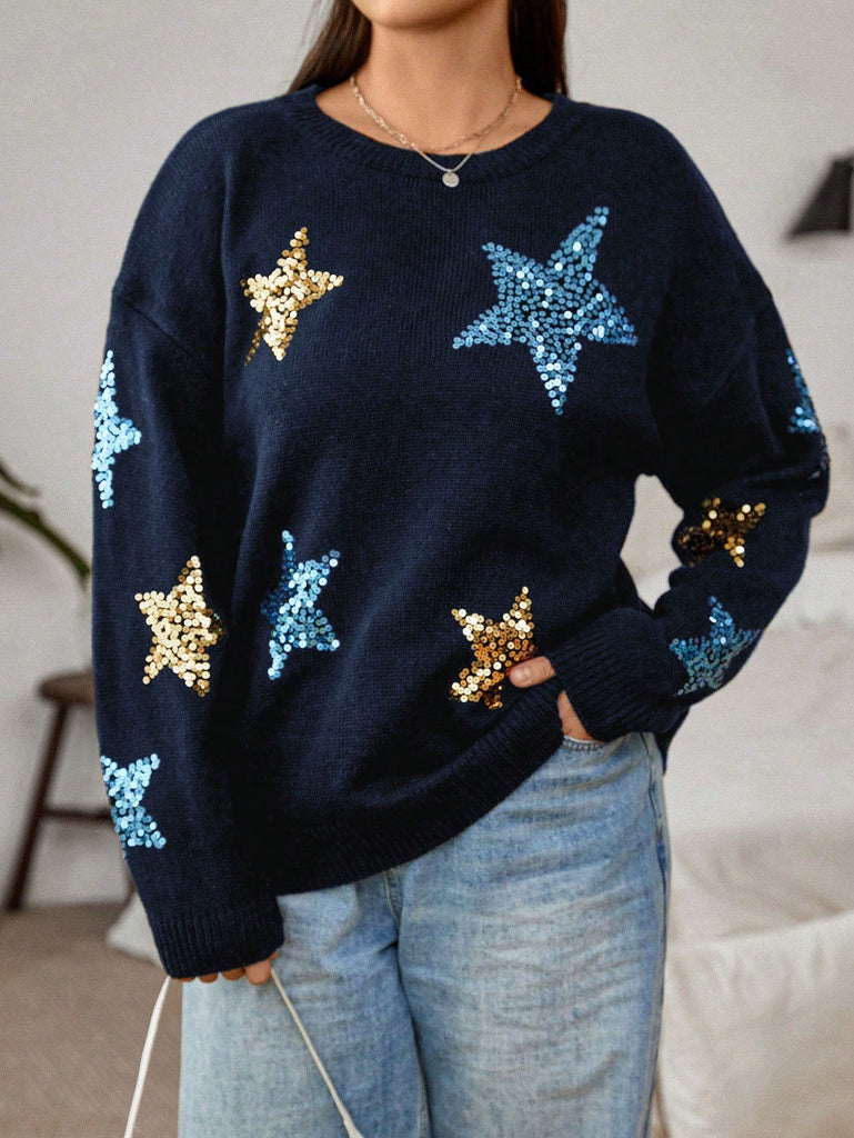 Plus Sequin Star Pattern Drop Shoulder Sweater