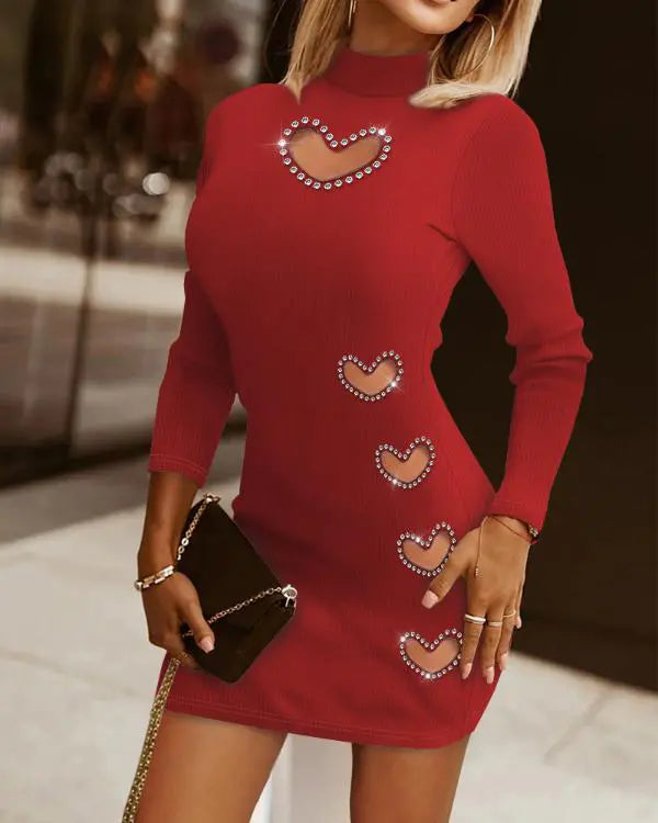 Hollow Heart Rhinestone Bodycon Dress