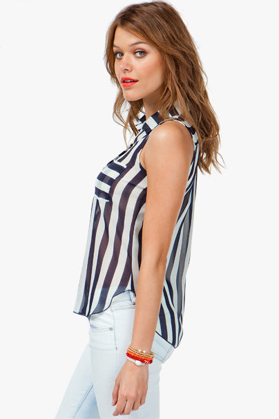 Stripe Horizontal Vertical Black White Button Down Sleeveless Shirt