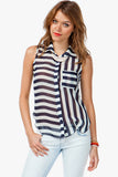 Stripe Horizontal Vertical Black White Button Down Sleeveless Shirt