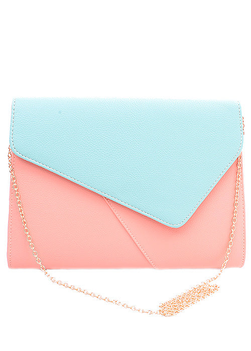 Mint Green and Coral Color-Block Envelope Clutch