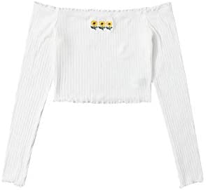 Women's Off Shoulder Lettuce Trim Embroidered Strapless Crop Top