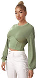 Women's Elegant Tight Hem Long Sleeve Round Neck Drop Shoulder Pullover Sweatshirt