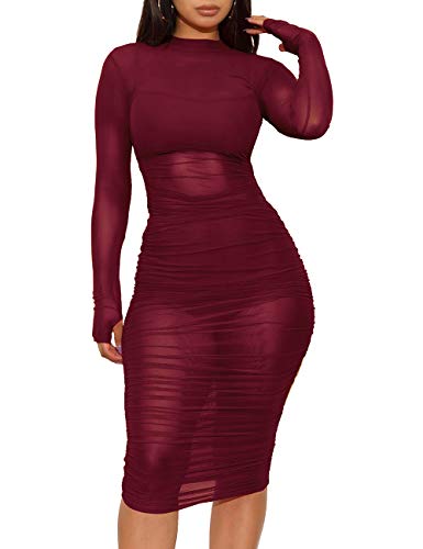 Women Sexy Bodycon Dresses See-Through Sheer Mesh Ruched Bodycon Party Club Night Dress 3 Piece Outfits with Vest Shorts