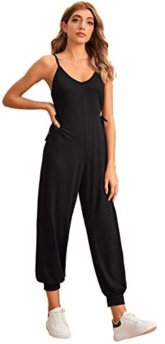 Women's Casual V Neck Sleeveless Tie Side Harem Leg Cami Jumpsuit