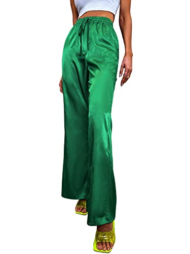 Women's Casual Drawstring Elastic Waist Pants Wide Leg Satin Trouser Pants Green S