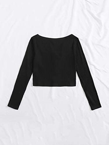 Women's Scoop Neck Long Sleeve Button Rib Knit Crop Tops T Shirts