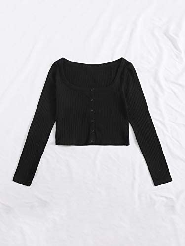 Women's Scoop Neck Long Sleeve Button Rib Knit Crop Tops T Shirts