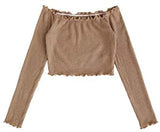 Women's Off Shoulder Long Sleeve Tshirts Frill Rib-Knit Plain Crop Tee Top