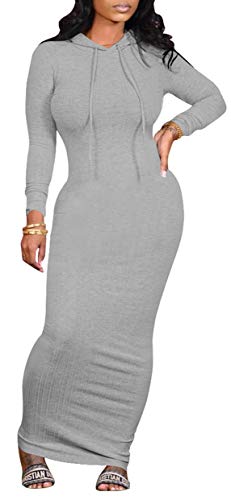 Women's Maxi Dress Sexy Bodycon Long Sleeve Pullover Hoodie Casual Slim Sweatshirt Gray