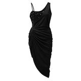 Sequin Evening Dress for Women Elegant Ruched Irregular Hem Party Dresses Tie Waist Side Slit Cocktail Dress(Black,Medium)