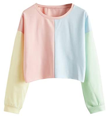 Women's Casual Colorblock Crew Neck Long Sleeve Crop Pullover Sweatshirts Tops