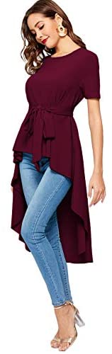 Women's Irregular Hem Short Sleeve Belted Flare Peplum Ruffle Blouse Shirts Top