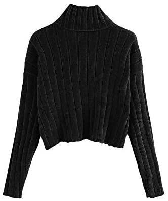 Women's High Neck Drop Shoulder Raw Hem Crop Sweater Pullovers