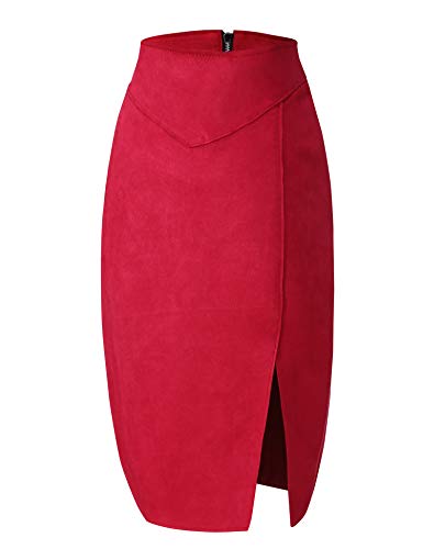 Bellivera Women Faux Suede Leather Pencil Skirt, Spring Fall Casual Midi Skirts Spring and Summer Hip Wrapped Back Split FF21 Camel L