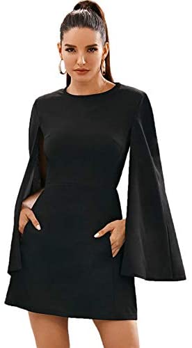 Women's Elegant Cloak Sleeve Mini Cape Dress Plain with Pocket